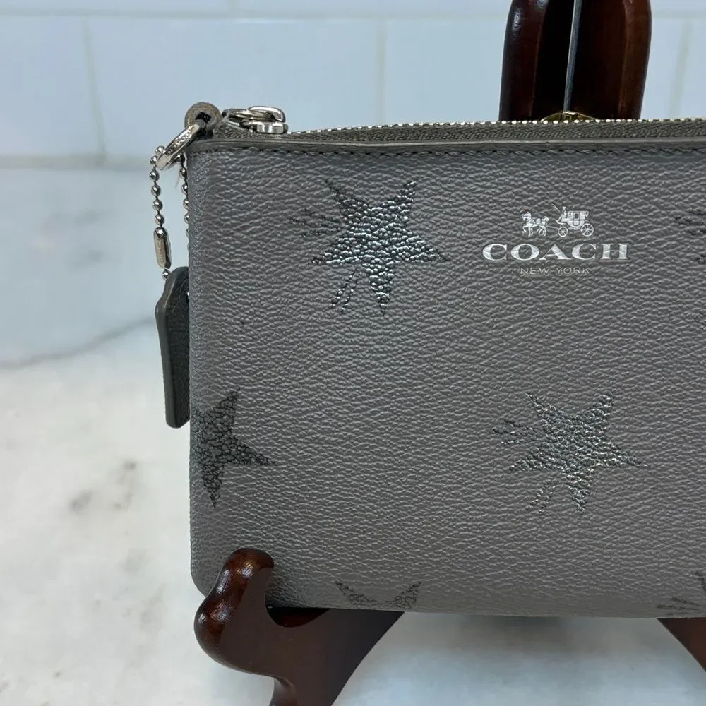 Coach Saffiano Leather Metallic Silver Star-Pattern Wristlet